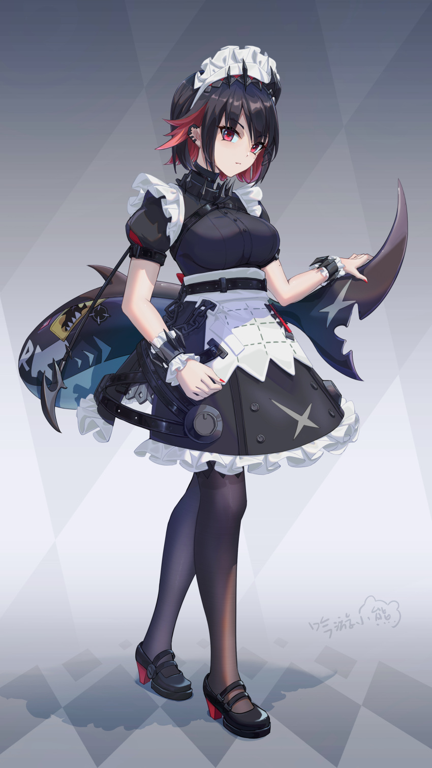 1girl, absurdres, bear_minstrel, black_dress, black_hair, breasts, cetacean_tail, colored_inner_hair