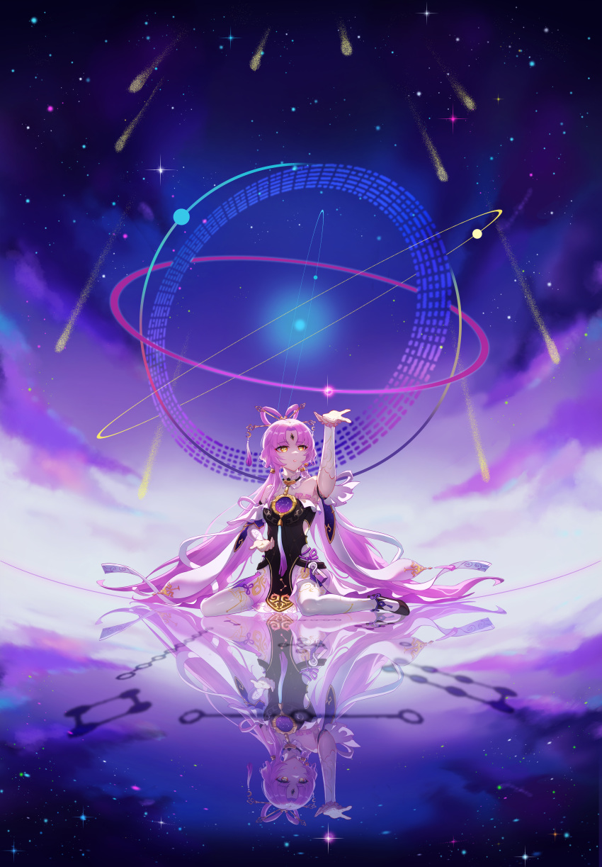 1girl, absurdres, bare_back, bow-shaped_hair, bridal_gauntlets, detached_sleeves, ermu_(enmmm), forehead_jewel
