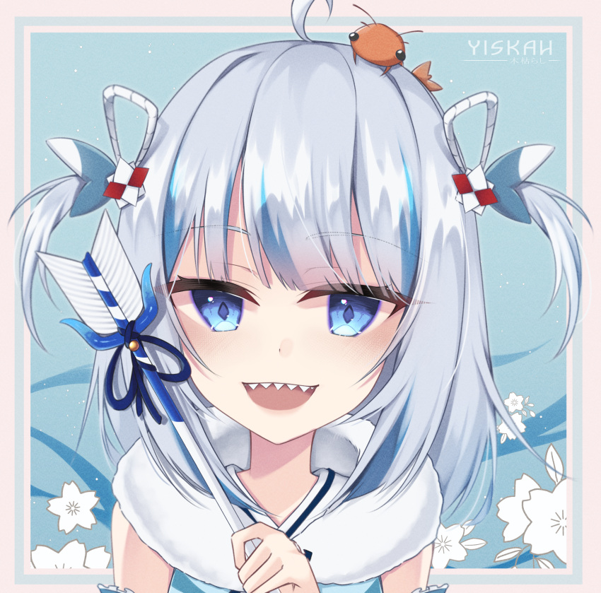 ahoge, animal_on_head, arrow_(projectile), artist_name, blue_background, blue_eyes, blue_hair, blue_kimono