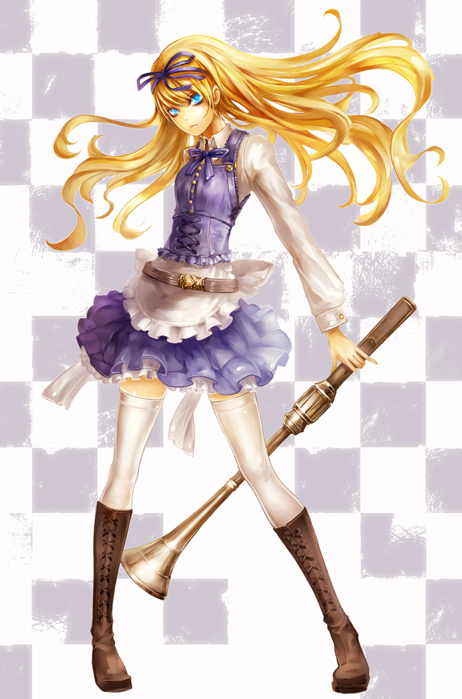alice_(wonderland), apron, belt, blonde_hair, blue_eyes, boots, bow, checkered
