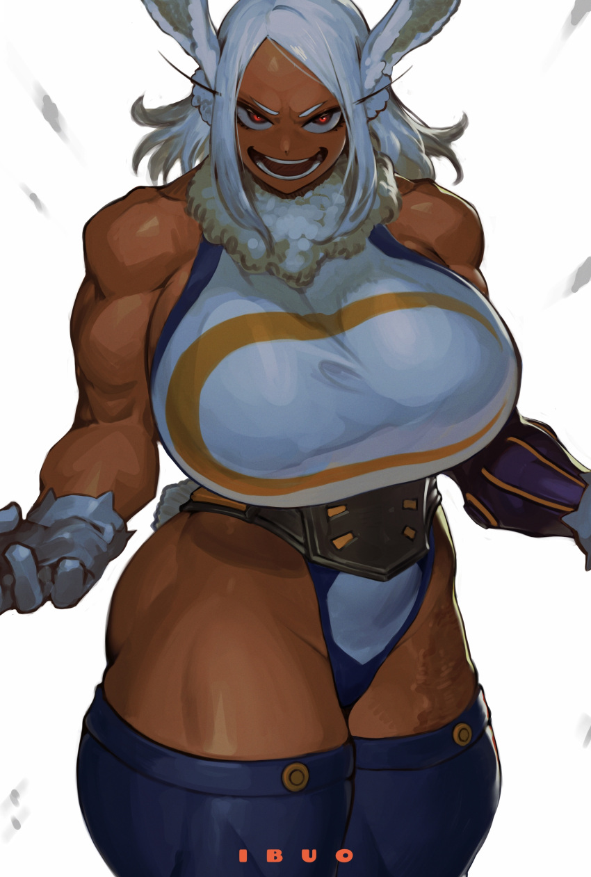 1girl, absurdres, animal_ears, artist_name, bare_arms, bare_shoulders, boku_no_hero_academia, breasts, crescent_print, dark-skinned_female, dark_skin, fur_collar, gloves, highleg, highleg_leotard, highres, huge_breasts, ibuo_(ibukht1015), leotard, long_eyelashes, long_hair, looking_at_viewer, mirko, muscular, muscular_female, open_mouth, parted_bangs, purple_thighhighs, rabbit_ears, rabbit_girl, red_eyes, signature, sleeveless_turtleneck_leotard, solo, swept_bangs, tan, taut_leotard, thick_thighs, thigh-highs, thighs, white_gloves, white_hair, white_leotard