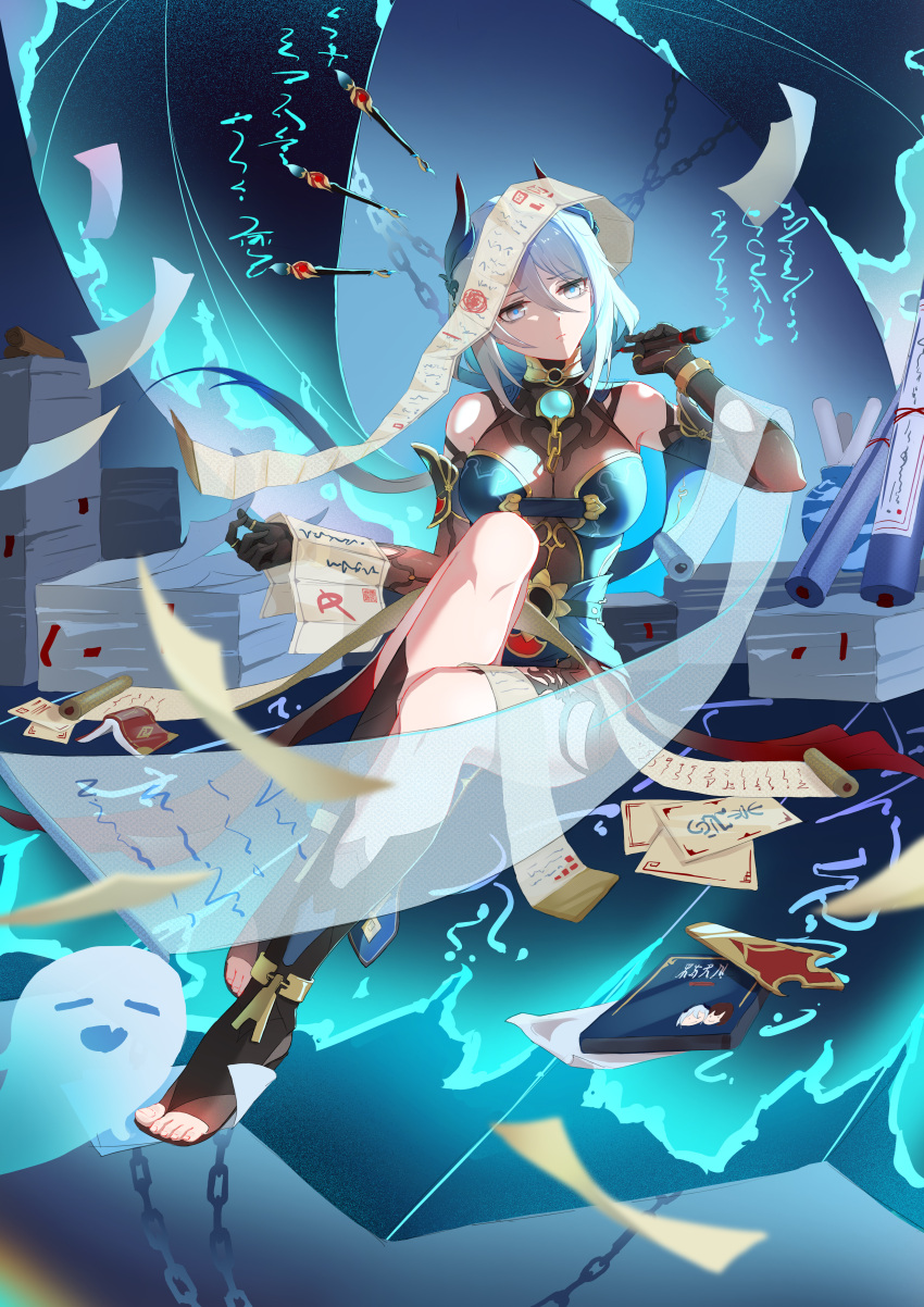 1girl, absurdres, bare_shoulders, black_footwear, black_gloves, blue_dress, boo_tao_(genshin_impact), breasts, chinese_clothes, closed_mouth, dress, elbow_gloves, ermu_(enmmm), ghost, gloves, grey_eyes, grey_hair, hair_ornament, hanya_(honkai:_star_rail), high_heels, highres, honkai:_star_rail, honkai_(series), long_hair, looking_at_viewer, paper, sitting, sleeveless, sleeveless_dress, solo, thigh_strap, thighs, very_long_hair