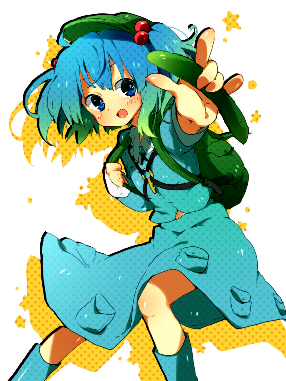 aina_(artist), backpack, bag, bisuko_(bisco_mm), blue_eyes, blue_hair, cucumber, hair_bobbles