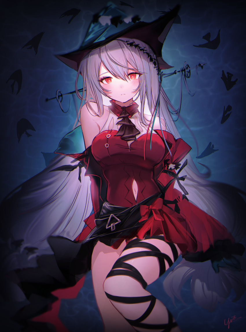 1girl, afloat, aqua_gloves, aqua_headwear, arknights, arm_ribbon, artist_name, ascot
