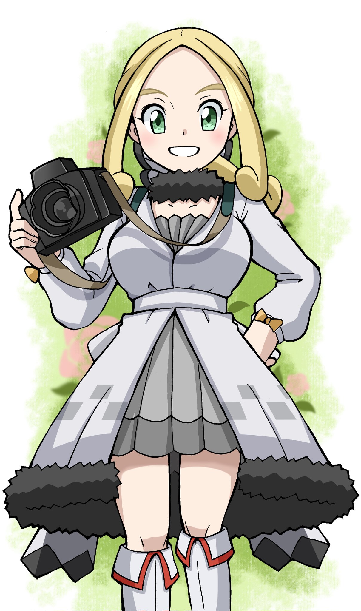 1girl, blonde_hair, breasts, camera, coat, emapippi, green_eyes, hand_on_own_hip