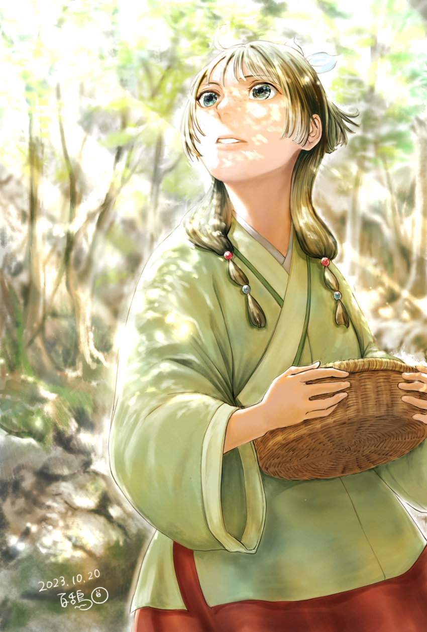 1girl, basket, chinese_clothes, dappled_sunlight, dated, forest, highres, holding, holding_basket, kusuriya_no_hitorigoto, long_hair, looking_up, maomao_(kusuriya_no_hitorigoto), nature, solo, standing, sunlight, wide_sleeves, yoakedori914moz