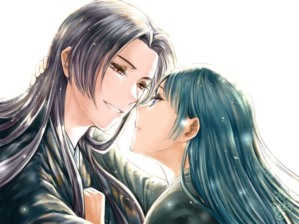 1boy, 1girl, black_hair, blue_eyes, blue_hair, brown_eyes, dated, eye_contact