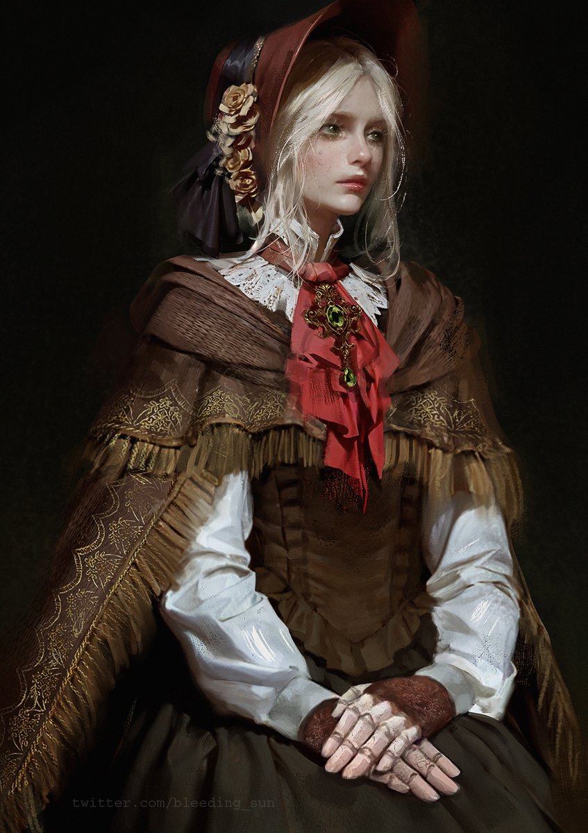 1girl, ascot, black_background, bleeding_sun, bloodborne, bonnet, brown_cloak, cloak