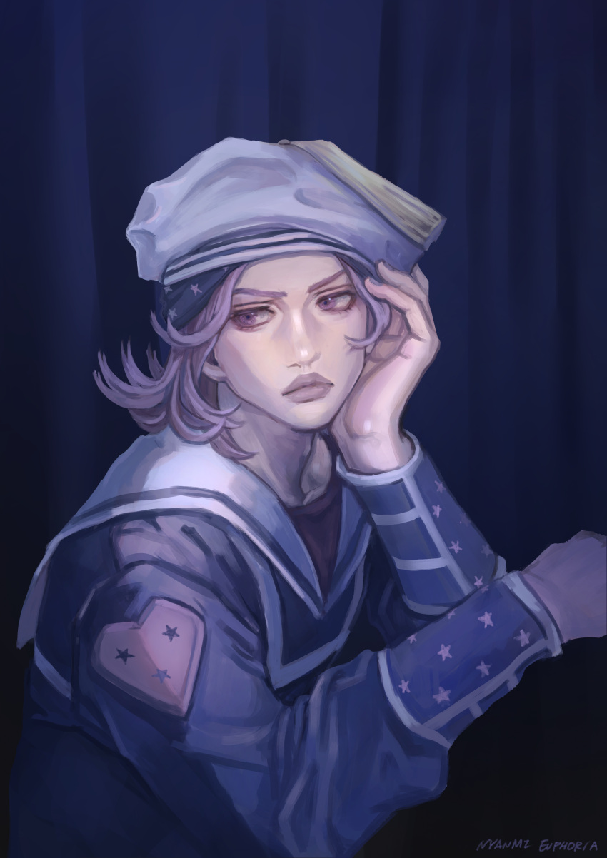 1boy, absurdres, commentary, hand_on_own_cheek, hand_on_own_face, hat, hat_tassel, highres