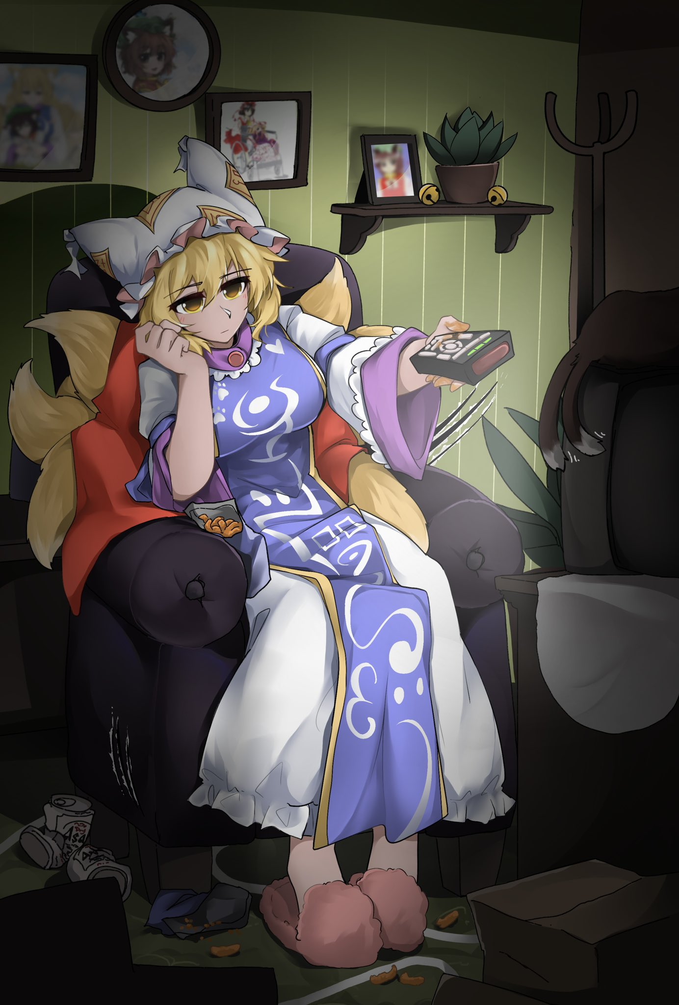 animal_ears, armchair, blonde_hair, blue_tabard, chair, chen, chen_(cat), controller, dress, fox_ears, fox_tail, hat, highres, holding, holding_remote_control, mob_cap, multiple_tails, photo_(object), plant, potted_plant, remote_control, sitting, slippers, statisticstater, tabard, tail, touhou, two_tails, white_dress, wide_sleeves, yakumo_ran, yellow_eyes