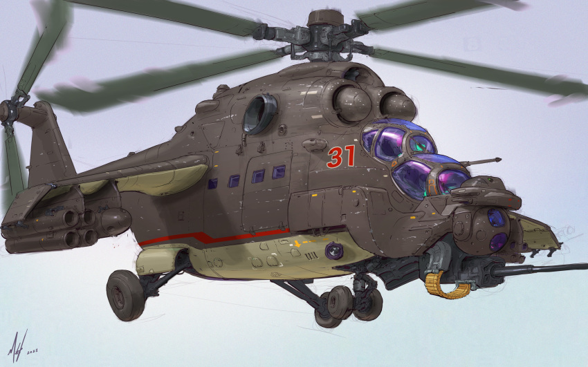 absurdres, aircraft, ammunition_belt, blue_sky, clear_sky, door, flying, gatling_gun