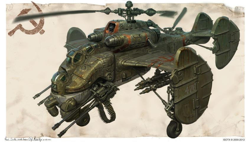 aircraft, autocannon, cannon, fictional_aircraft, flying, hammer_and_sickle, helicopter, highres