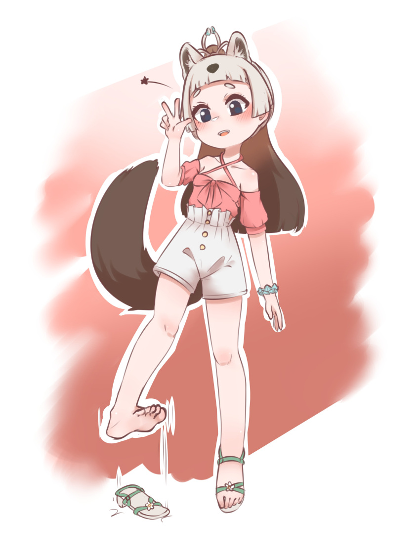 1girl, absurdres, animal_ears, barefoot, blue_eyes, blunt_bangs, blush, bow