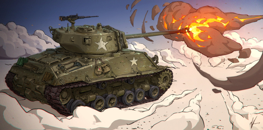 blue_sky, browning_m2, caterpillar_tracks, cross, firing, gun, heavy_machine_gun, highres, m4_sherman, machine_gun, michal_kus, military_vehicle, motor_vehicle, no_humans, original, red_cross, sky, smoke, star_(symbol), tank, united_states_army, vehicle_focus, weapon, wheel