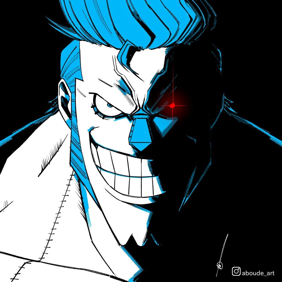 1boy, aboude_art, artist_name, blue_hair, clenched_teeth, commentary, cyborg, franky_(one_piece)