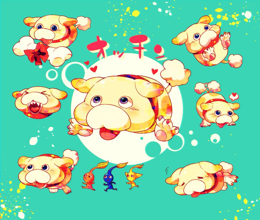 >_<, afterimage, animal_collar, animal_focus, aqua_background, black_eyes, blue_eyes, blue_pikmin