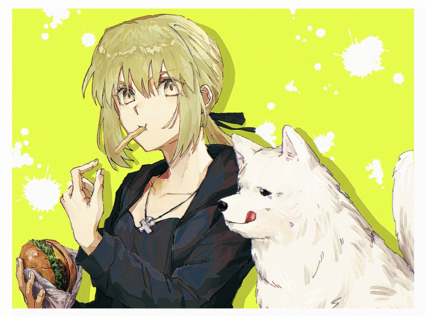 1girl, animal, artoria_pendragon_(fate), black_jacket, black_ribbon, blonde_hair, border, burger