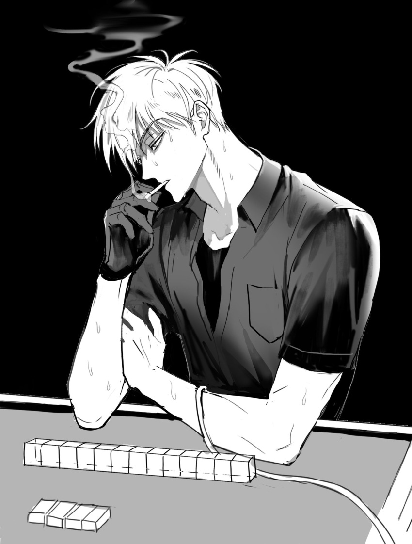 1boy, akagi:_yami_ni_oritatta_tensai, akagi_shigeru, breast_pocket, cigarette, collared_shirt, fukumoto_mahjong, gloves
