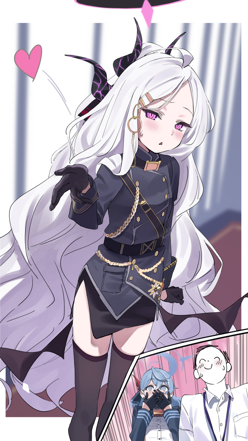 1boy, 2girls, :o, absurdres, ahoge, ako_(blue_archive), black_gloves, black_skirt