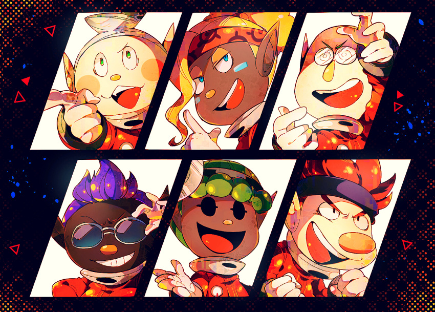 +_+, 1girl, 5boys, adjusting_eyewear, asymmetrical_bangs, bald, bernard_(pikmin), big_nose
