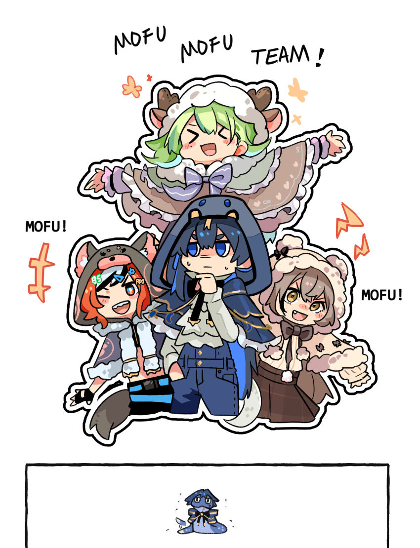 4girls, animal_ears, antlers, black_gloves, black_hair, blue_eyes, blue_hair, bow