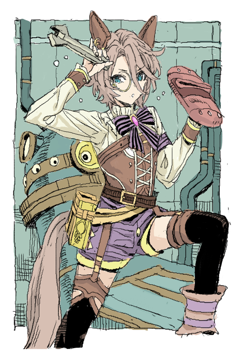 1girl, :o, belt, black_thighhighs, bow, bowtie, brown_hair, corset