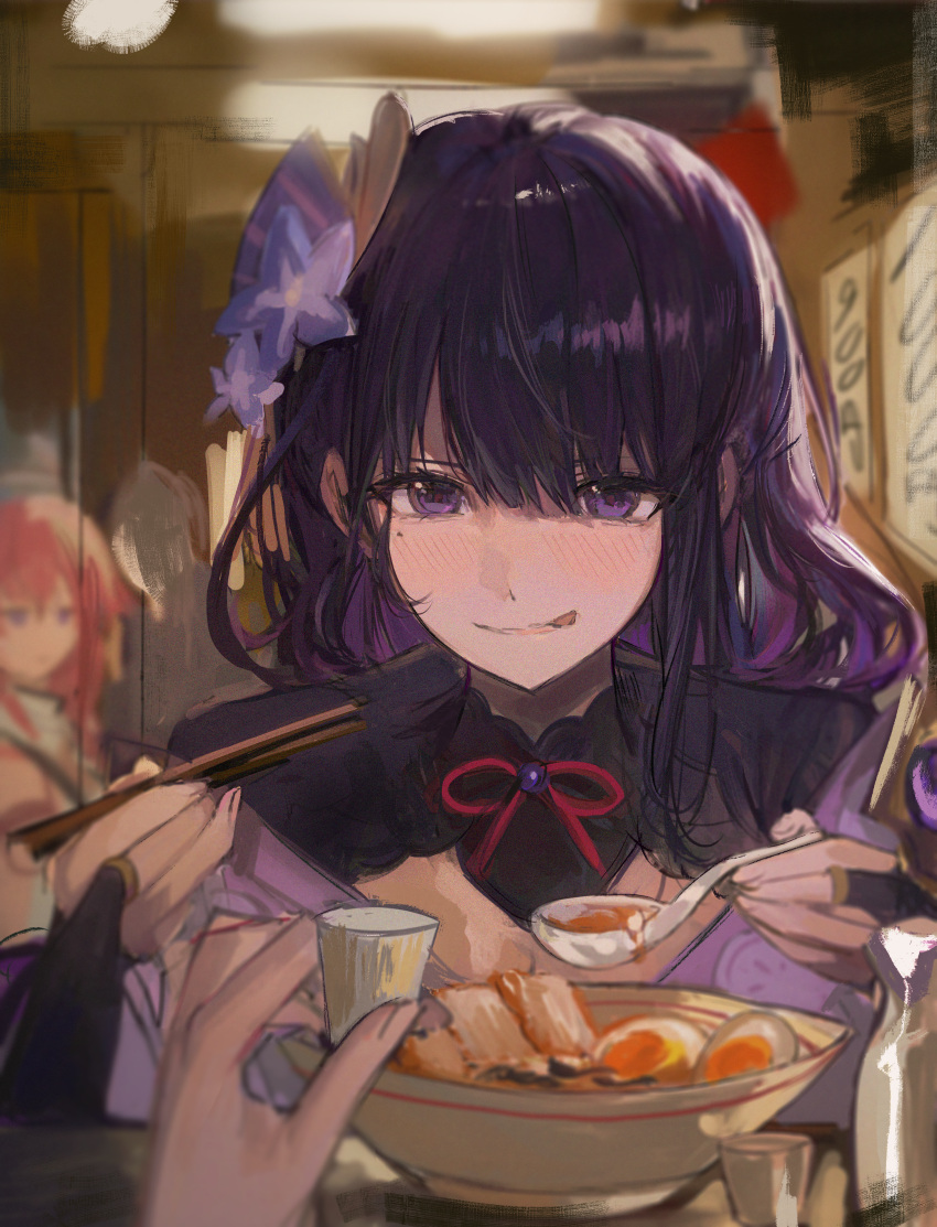 2girls, absurdres, blunt_bangs, blurry, blurry_background, bottle, bowl, choko_(cup)