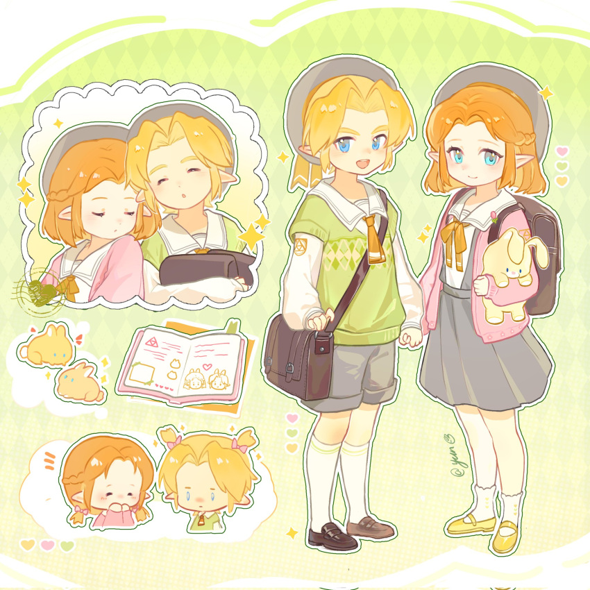 1boy, 1girl, aqua_eyes, ascot, backpack, bag, beret, blonde_hair