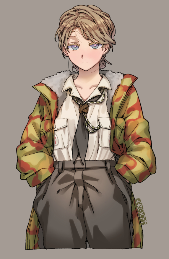 1girl, :|, artist_name, black_necktie, black_pants, blue_eyes, blush, borrowed_character, breast_pocket, buttons, camouflage, camouflage_jacket, closed_mouth, collarbone, collared_shirt, commentary, cropped_torso, cross, ergot, erika_(sebastian_z), expressionless, fur-trimmed_jacket, fur_trim, german_army, grey_background, hands_in_pockets, jacket, light_brown_hair, long_hair, long_sleeves, looking_at_viewer, low_ponytail, medic, military, military_uniform, necktie, open_clothes, open_jacket, original, pants, pocket, red_cross, shirt, shirt_tucked_in, signature, simple_background, solo, standing, uniform, upper_body, white_shirt, world_war_ii