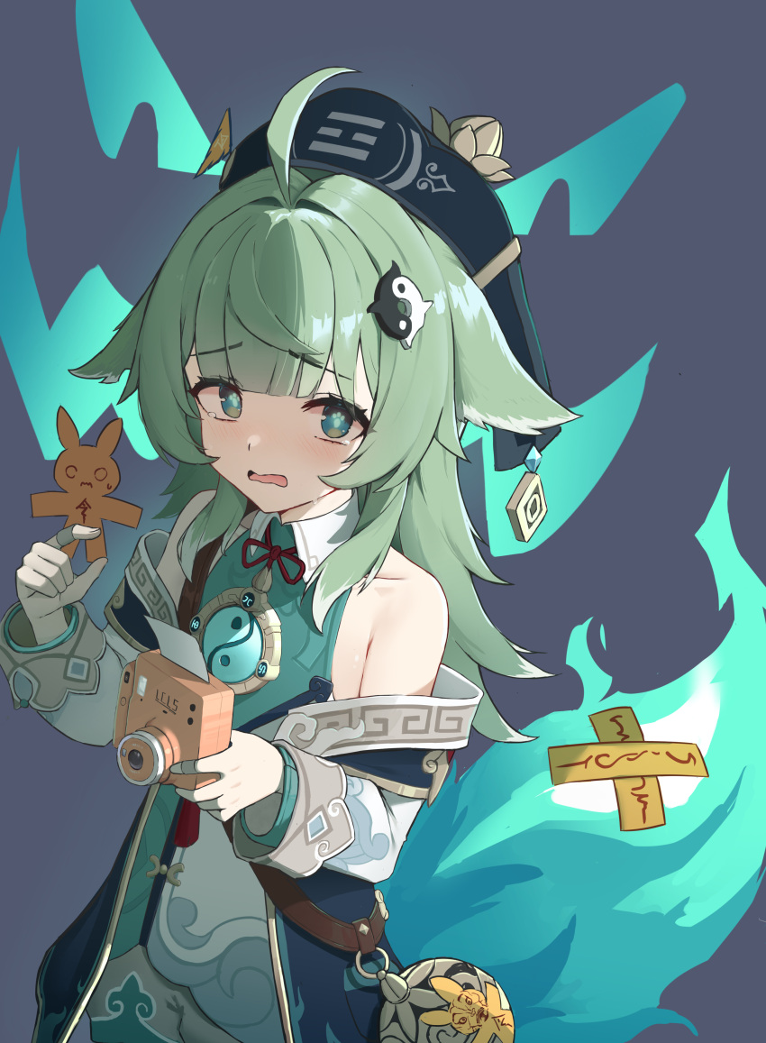 1girl, absurdres, ahoge, animal_ears, bare_shoulders, camera, fiery_tail, fox_ears, fox_girl, fox_tail, green_eyes, green_hair, hasu_no_shiro, hat, highres, holding, holding_camera, honkai:_star_rail, honkai_(series), huohuo_(honkai:_star_rail), long_sleeves, open_mouth, paw-shaped_pupils, tail, tail_(honkai:_star_rail), talisman, tassel, tearing_up