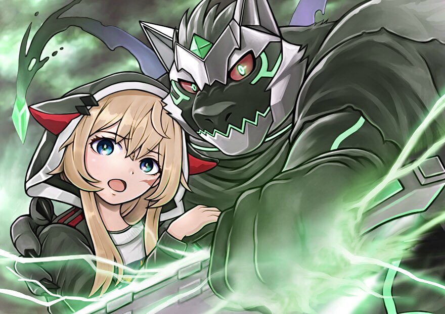 1boy, 1girl, animal_ears, arm_around_shoulder, blonde_hair, blue_eyes, claws, colored_sclera, commentary_request, furry, furry_male, green_eyes, holding, holding_sword, holding_weapon, hood, hood_up, hooded_jacket, incoming_attack, jacket, kemokemumaki, live_a_hero, looking_at_viewer, melide_(live_a_hero), monomasa_(live_a_hero), red_sclera, scar, scar_on_face, sword, weapon, wolf_boy, wolf_ears