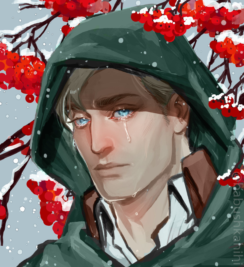 1boy, babu_(babushkahihi), branch, cloak, crying, crying_with_eyes_open, erwin_smith, eyelashes