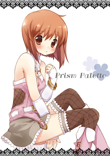 blush, boots, bracelet, brown_eyes, brown_hair, elbow_gloves, garters, gloves, hagiwara_yukiho, idolmaster, jewelry, knee_boots, kura_udon, lowres, short_hair, sitting, solo, thigh-highs, thighhighs