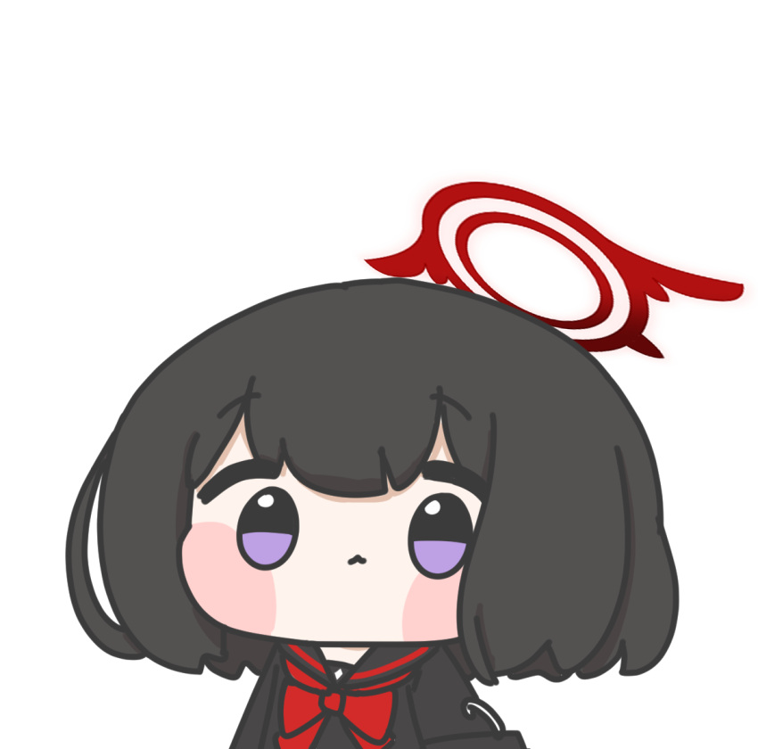 1girl, black_hair, black_serafuku, black_shirt, blue_archive, blush_stickers, bow, bowtie, chamsheol, chibi, closed_mouth, halo, long_sleeves, looking_at_viewer, mashiro_(blue_archive), medium_hair, raised_eyebrows, red_bow, red_bowtie, red_halo, school_uniform, serafuku, shirt, simple_background, solo, upper_body, violet_eyes, white_background, winged_halo