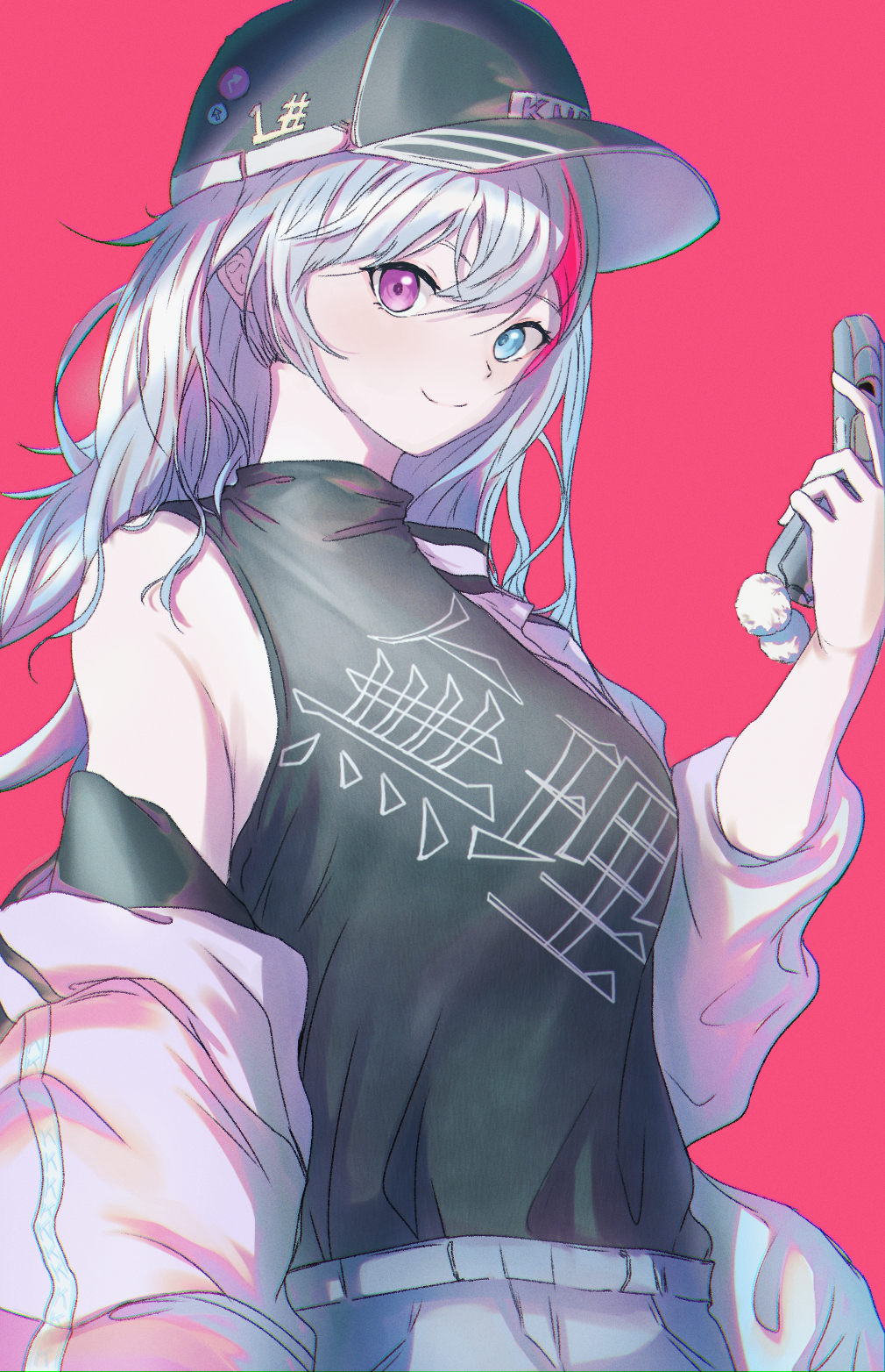 baseball_cap, black_headwear, black_shirt, blue_eyes, cellphone, e20_(79324944), girls'_frontline_neural_cloud, girls_frontline