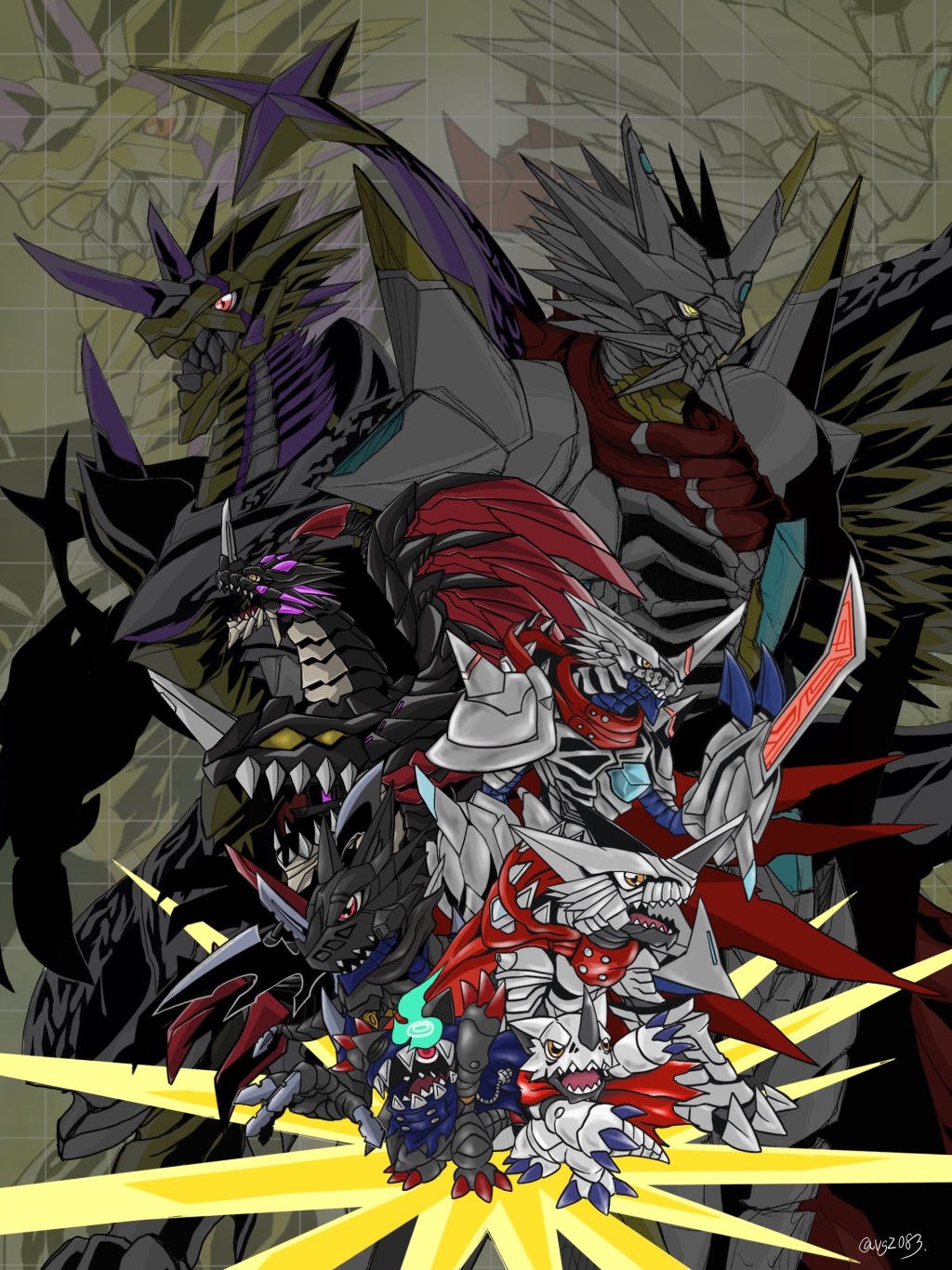 2boys, appmon, arm_blade, armor, baohackmon, belt, blue_fire, cape