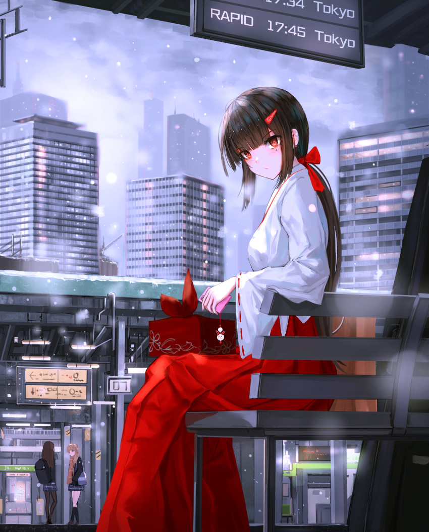 3girls, black_pantyhose, blue_skirt, blunt_bangs, blush, bow, brown_hair, building