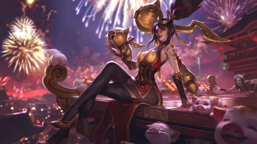 1girl, absurdres, brown_hair, china_dress, chinese_clothes, dress, firecracker_vayne, firecrackers
