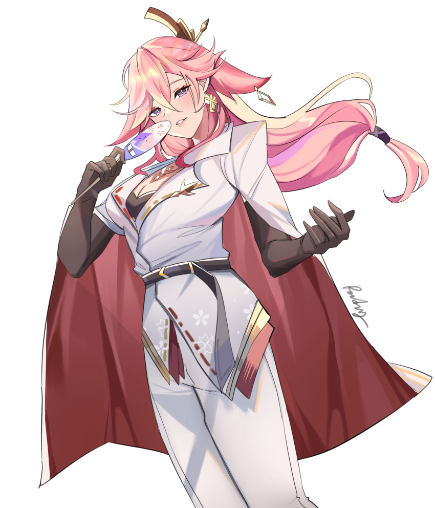 1girl, absurdres, animal_ears, black_gloves, dress, earrings, fox_ears, genshin_impact, gloves, highres, jewelry, pants, pink_hair, rudang, signature, simple_background, smile, tagme, white_background, white_dress, white_pants, yae_miko, yae_miko_(2nd_anniversary)