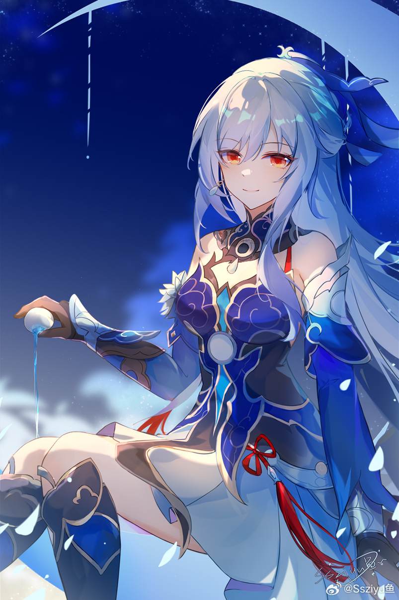 1girl, artist_name, bare_shoulders, black_footwear, black_gloves, blue_sleeves, crescent_moon, cup