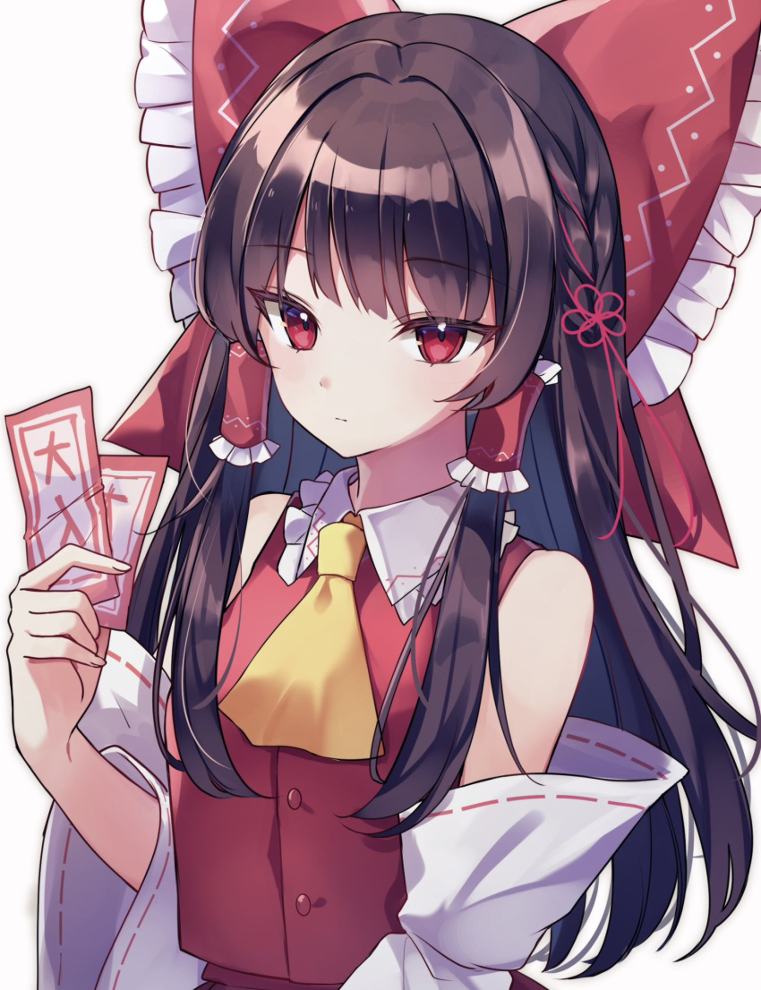 1girl, ascot, bare_shoulders, between_fingers, bow, brown_hair, buttons, collar