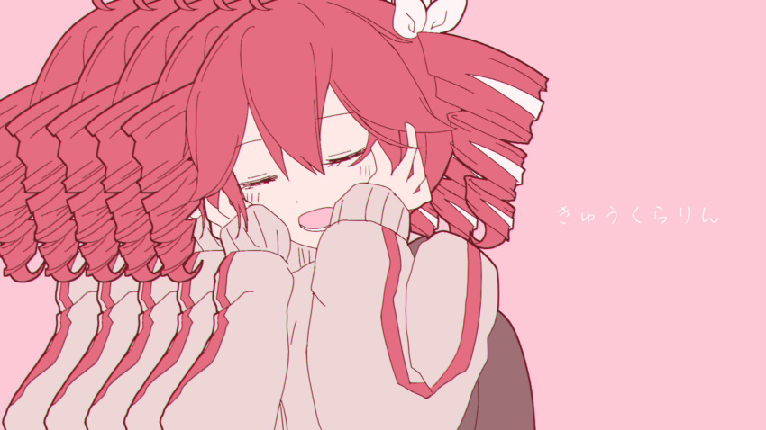 1girl, adapted_costume, backpack, bag, blush, brown_jacket, closed_eyes, commentary_request, cosplay, drill_hair, hair_ribbon, hands_on_own_cheeks, hands_on_own_face, highres, jacket, kasane_teto, kasane_teto_(sv), kurari-chan, kurari-chan_(cosplay), kyu-kurarin_(cevio), long_sleeves, multiple_views, open_mouth, parody, pink_background, recurring_image, redhead, ribbon, simple_background, song_name, synthesizer_v, track_jacket, twin_drills, upper_body, utau, white_ribbon, yasai31