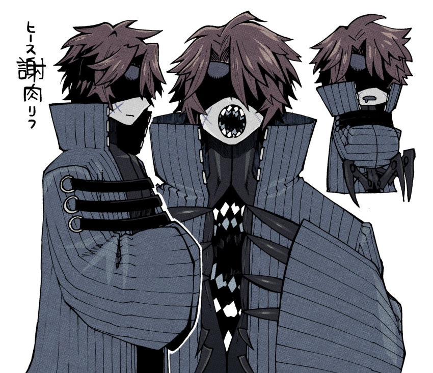 1boy, black_coat, blindfold, blue_coat, brown_hair, claws, coat, heathcliff_(project_moon)