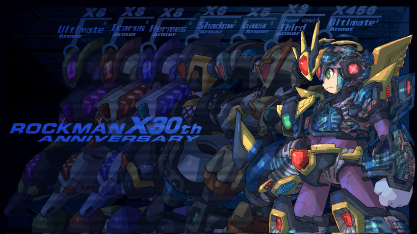 1boy, android, anniversary, clenched_hand, english_text, gaea_armor_x_(mega_man), green_eyes, hermes_armor_x_(mega_man)