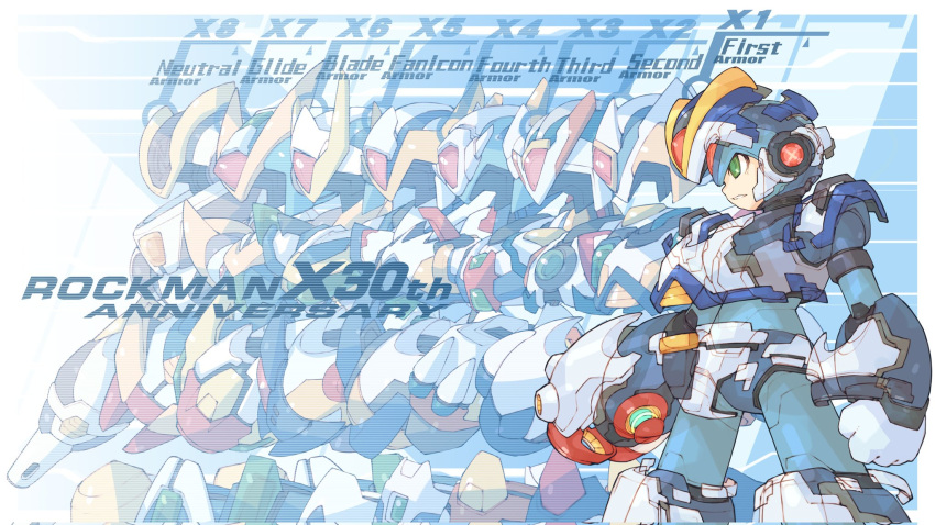 1boy, android, anniversary, arm_cannon, blade_armor_x_(mega_man), clenched_hand, english_text, falcon_armor_x_(mega_man), first_armor_x_(mega_man), fourth_armor_x_(mega_man), glide_armor_x, green_eyes, helmet, highres, iikoao, male_focus, mega_man_(series), mega_man_x1, mega_man_x2, mega_man_x3, mega_man_x4, mega_man_x5, mega_man_x6, mega_man_x7, mega_man_x8, mega_man_x_(series), mixed-language_commentary, neutral_armor_x_(mega_man), official_alternate_costume, second_armor_x_(mega_man), solo, third_armor_x_(mega_man), weapon, x_(mega_man)