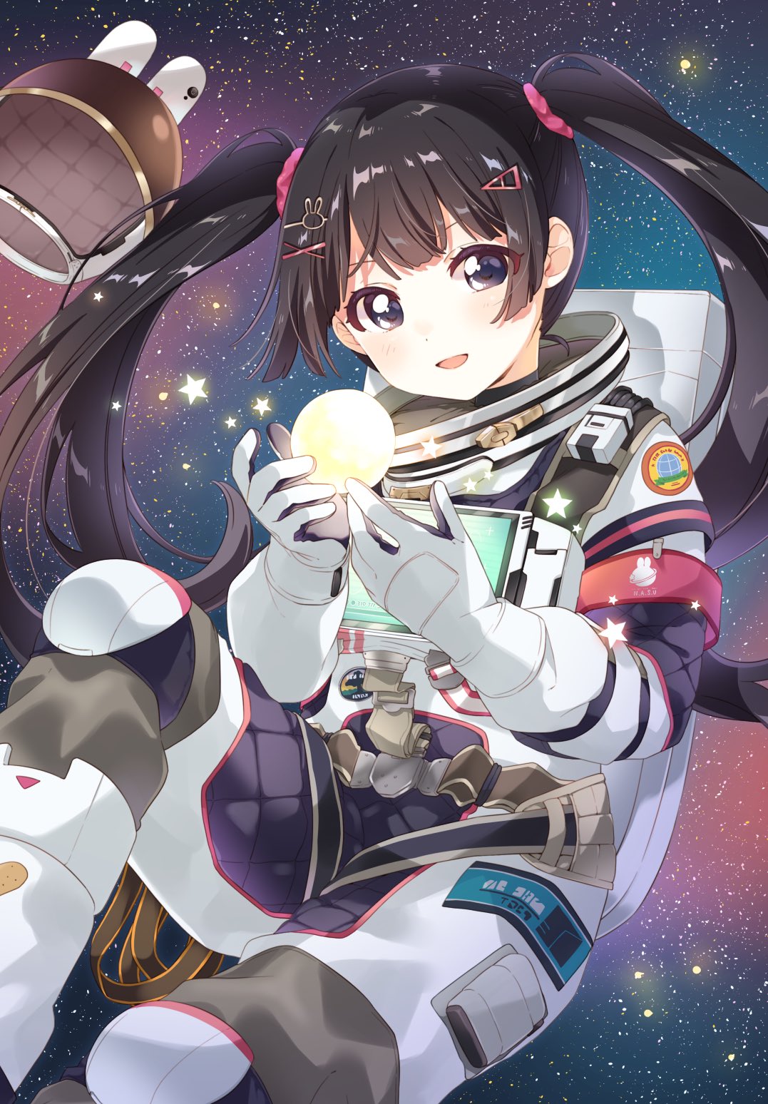 1girl, animal_ears, animal_print, armband, astronaut, black_eyes, black_hair, blunt_bangs