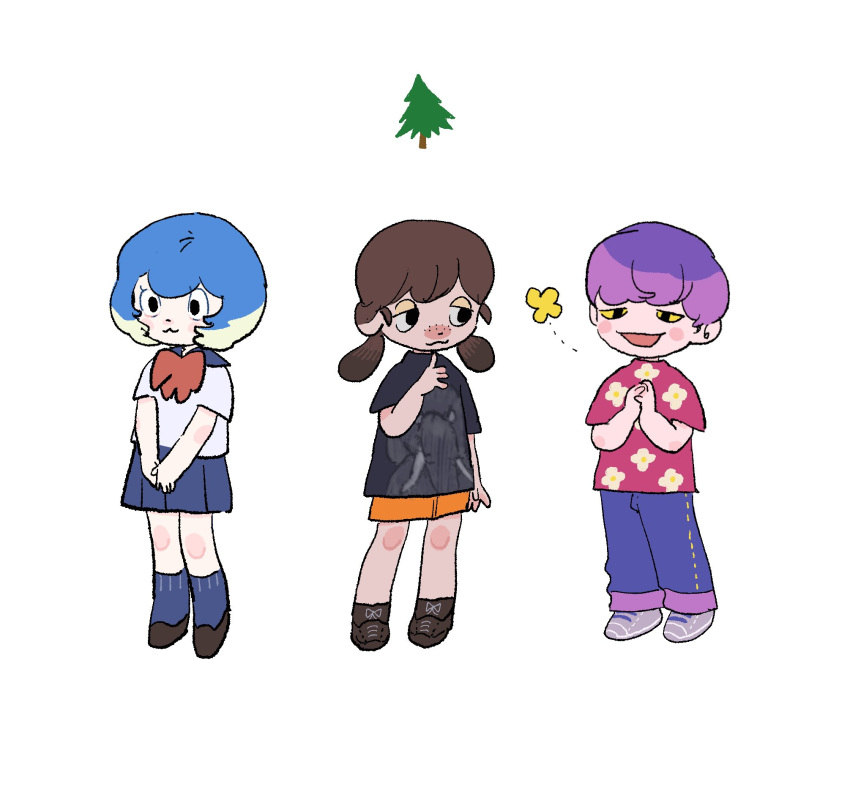 1boy, 2girls, :3, animal_crossing, bea_(animal_crossing), black_eyes, black_footwear, black_shirt