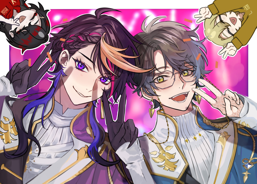 4boys, absurdres, black_hair, blonde_hair, brown_hair, double_v, earrings, eyeliner
