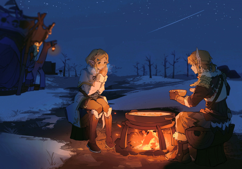 1boy, 1girl, absurdres, back, black_ribbon, blonde_hair, blue_sky, bonfire, boots, bowl, branch, brown_footwear, brown_gloves, brown_pants, brown_shirt, closed_mouth, coat, crescent, crescent_hair_ornament, earrings, falling_star, food, fur-trimmed_coat, fur-trimmed_footwear, fur_trim, gloves, green_eyes, hair_between_eyes, hair_ornament, hairpin, hands_up, highres, holding, holding_bowl, house, jewelry, link, long_sleeves, looking_at_another, looking_down, night, night_sky, open_mouth, outdoors, pants, pointy_ears, ponytail, princess_zelda, ribbon, shirt, short_hair, short_ponytail, sitting, sky, smile, snow, soup, star_(sky), starry_sky, the_legend_of_zelda, the_legend_of_zelda:_tears_of_the_kingdom, tongue, tree, white_coat, wing_hair_ornament, winter, yuno_11_02