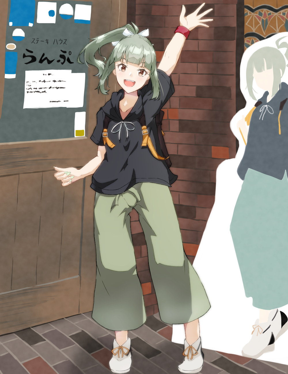 1girl, backpack, bag, berukuto_(berukuto_47), black_shirt, brown_eyes, door, full_body